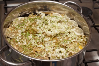 Elderflower cordial in saucepan Credit Ben Molyneux