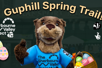 An advertisement banner for The Sherbourne Valley Project Spring Trail, showing an otter mascot holding a basket of easter eggs.