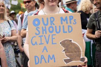 Young person holding a sign saying 'our MPs should give a dam' with a drawing of a beaver