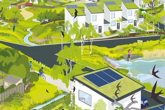 An illustration of a sustainable housing development