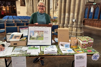 Photo of the swift stall in a church with information sheets and wildlflower seeds