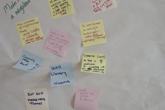 An idea board with sticky notes pasted onto it, and a headline that says 'actions'