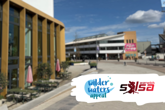 Warwick University campus with the logos for our wilder waters appeal and Warwick Salsa Society