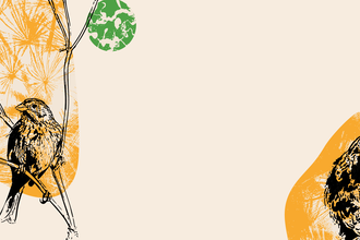 An illustration of wildlife and flowers in green, orange, and black