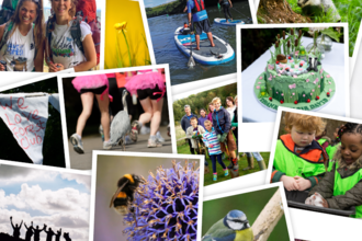 a collection of photos showing examples of fundraising from hiking to running to paddleboarding to a cake to children to a bee to a blue tit