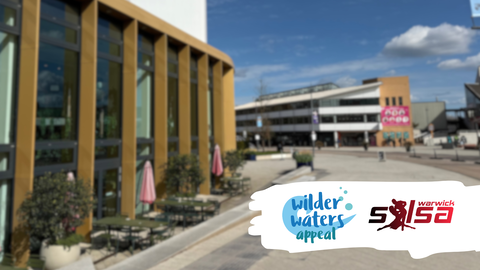 Warwick University campus with the logos for our wilder waters appeal and Warwick Salsa Society