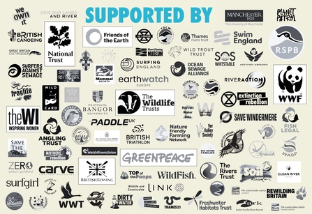 Image of organisation logos' that are supporting the March For Clean Water, including the Wildlife Trusts, National Trust, Greenpeace, WWF, British Rowing, Swim England, and the Rivers Trust