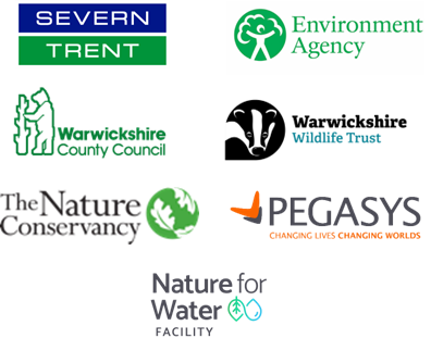 A collection of logos for Severn Trent, Environment Agency, Warwickshire County Council, Warwickshire Wildlife Trust, The Nature Conservancy, Pegasys, and Nature for Water Facility