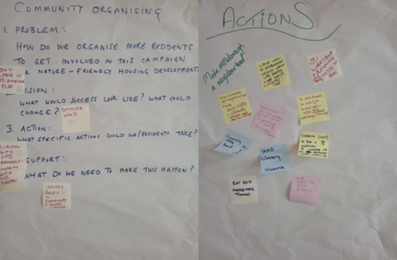 A photograph of sticky notes stuck to a page which were written during the Nuneaton Green Conversations