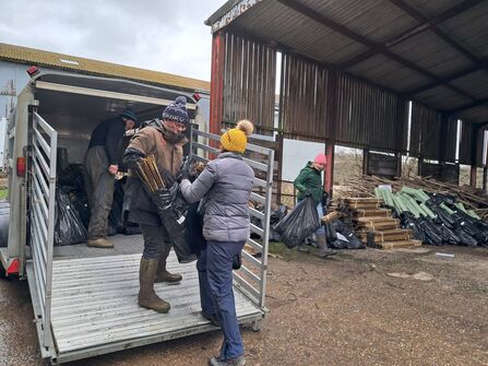 A group of people offloading young tree saplings from a vehicle.