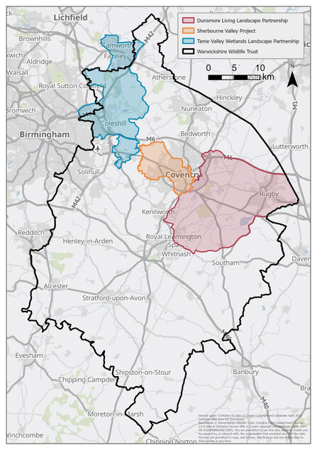 A map showing the areas in Warwickshire in which our projects operate, including the Sherbourne Valley Project, Dunsmore Living Landscape and Tame Valley Wetlands