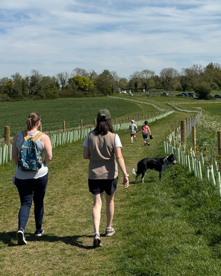 Group of two adults and two children walking down a hill with a dog