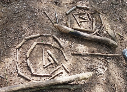 Snail picture made from sticks on woodland floor