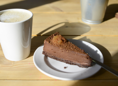 An image of a coffee and chocolate tart at Brandon Marsh Cafe near Coventry