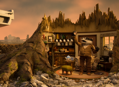 An animation still from Wind in the Willows showing a badger with his house destroyed